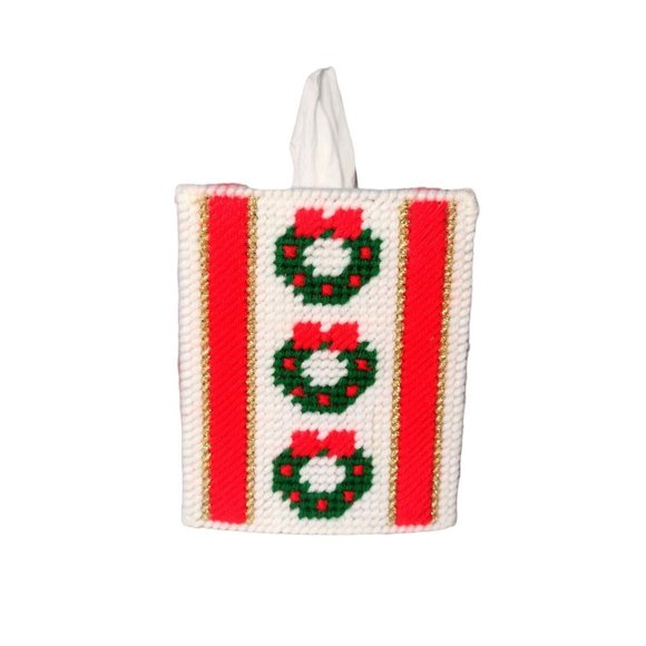Christmas Wreath Tissue Box Cover Handmade Plastic Canvas Metallic Holiday - Picture 1 of 5